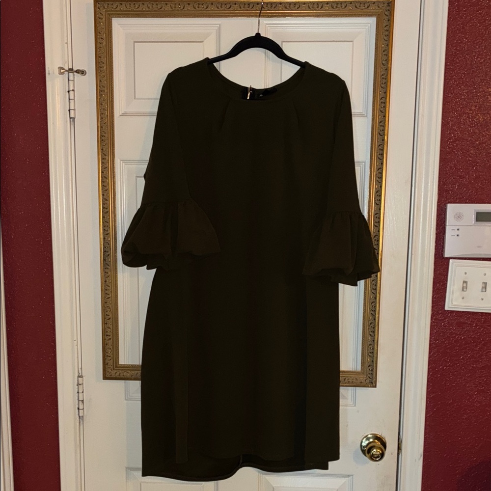 Nina Leonard Olive Green Long Sleeve Dress